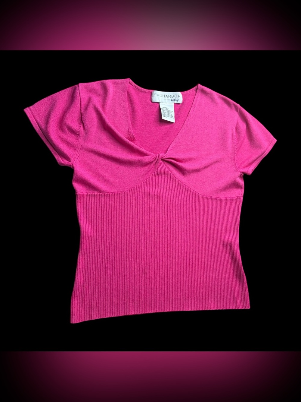 Sag Harbor Y2K Vintage Pink Ribbed Knit Twist Front Short Sleeve Top Sz PM
